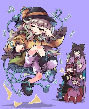 4girls absurdres animal_ears black_boots black_dress black_hairband black_hat black_ribbon bloomers blowing_whistle blue_shirt boots bow bowtie braid brown_hair buttons cape cat_ears cat_tail closed_eyes dancing diamond_button dress extra_ears eyeball frilled_shirt_collar frilled_sleeves frills green_bow green_hair green_skirt hair_bow hair_ornament hair_ribbon hairband hat hat_ribbon heart heart_button heart_hair_ornament highres holding holding_instrument holding_maracas instrument inuyama_konan kaenbyou_rin komeiji_koishi komeiji_satori maracas multiple_girls multiple_tails musical_note pink_eyes pink_hair pink_skirt red_bow red_bowtie red_eyes red_hair red_slippers reiuji_utsuho ribbon shirt siblings sisters sitting skirt slippers smile starry_sky_print tail third_eye third_eye_on_chest touhou twin_braids two_tails underwear whistle white_shirt wide_sleeves yellow_ribbon yellow_shirt