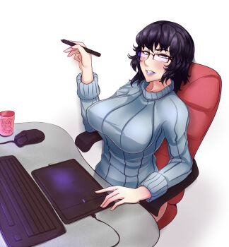 Rule 34 | 1girl, breasts, chair, computer mouse, drawing tablet, female focus, glasses, grey eyes, highres, large breasts, lipstick, looking at viewer, makeup, mangaka, nofuture, original, purple hair, ribbed sweater, short hair, simple background, sitting, solo, sweater, wacom, white background