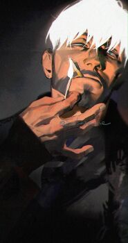 1boy beard black_jacket blue_eyes blue_necktie closed_mouth collared_shirt earrings facial_hair glowing glowing_hair grey_background heterochromia holding_matchstick jacket jewelry lighting_cigarette male_focus mature_female necktie original redsakaone shirt simple_background smoking solo white_eyes white_hair white_shirt