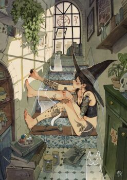 1girl ankle_tattoo applying_pedicure arm_tattoo artist_logo barefoot black_hair black_hat black_nails black_shirt bleeding blood book bookshelf bottle breasts brick_wall cabinet cat chest_tattoo cleavage collarbone commentary crop_top cuts day earrings english_commentary feet_against_wall flask flower ghost grey_shorts hair_between_eyes hat heart heart_earrings highres holding holding_bottle indoors injury jar jewelry leg_tattoo logo long_hair nail_polish original painting_(object) painting_toenails pentagram picture_frame plant potted_plant profile runes shirt short_shorts shorts simz sitting sitting_on_stairs skull sleeveless sleeveless_shirt slice_of_life solo spider_web_tattoo stairs sunlight tattoo tattoo_sleeve tile_floor tiles vase wand window witch_hat