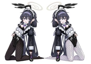 1girl absurdres animal_ears black_hair black_pantyhose blue_archive blue_eyes breasts dual_persona hairband halo highres juliet_sleeves kilabo kneeling long_hair long_sleeves maid maid_headdress pantyhose playboy_bunny puffy_sleeves rabbit_ears rabbit_tail simple_background small_breasts tail ui_(blue_archive) white_background white_pantyhose