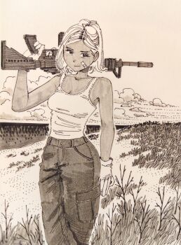 1girl ar-15 bandaid bandaid_on_face breasts collarbone denim field gift gun heidi_(heytherenrds) highres holding holding_gift jeans medium_breasts medium_hair monochrome original pants ponytail rifle solo tan tank_top weapon