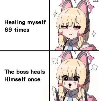 1girl absurdres anger_vein animal_ear_headphones animal_ears blonde_hair blue_archive bow cat_ear_headphones cat_ears comparison death_momoi_(meme) english_text fake_animal_ears hair_bow halo headphones highres kai_xin knife meme momoi_(blue_archive) pink_bow pink_eyes pink_halo short_hair smug truth