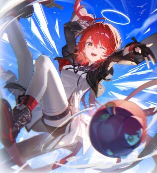 arknights black_boots black_gloves black_jacket boots exusiai_(arknights) exusiai_the_new_covenant_(arknights) fingerless_gloves gloves hair_between_eyes highres jacket mat_tz0 official_alternate_costume official_alternate_hair_length official_alternate_hairstyle one_eye_closed red_hair shirt thighhighs thighs v white_shirt white_thighhighs yellow_eyes