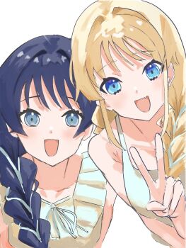 Rule 34 | 2girls, bare shoulders, blonde hair, blue eyes, blue hair, braid, collarbone, commentary, dress, frilled dress, frills, gradient hair, hair ribbon, highres, link! like! love live!, long hair, looking at viewer, love live!, multicolored hair, multiple girls, murano sayaka, murano sayaka (very! very! coconatsu casual), official alternate costume, osawa rurino, osawa rurino (very! very! coconatsu casual), ribbon, ribbon braid, simple background, single braid, sleeveless, sleeveless dress, v, virtual youtuber, white background, white dress, white ribbon, zen66574227