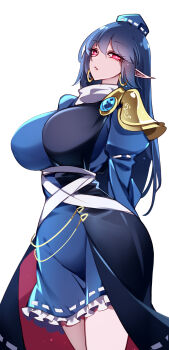 1girl absurdres armor arms_behind_back black_cape blue_dress blue_hair blue_hat breasts cape covered_groin dress earrings frilled_dress frills gem hat highres hoop_earrings iizunamaru_megumu jewelry large_breasts long_eyelashes long_hair long_sleeves looking_at_viewer pointy_ears puffy_long_sleeves puffy_sleeves raptor7 red_eyes ribbon-trimmed_dress ribbon_trim shoulder_armor solo tokin_hat touhou
