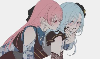 2girls black_nails black_ribbon blue_dress blue_eyes blue_hair blush clothing_cutout commentary dress earrings elbow_gloves gloves grey_dress hair_ribbon highres hinomori_shizuku jewelry long_hair mole mole_under_mouth momoi_airi multiple_girls multiple_rings noon_nerve parted_lips pink_hair project_sekai purple_background red_eyes ribbon ring shoulder_cutout simple_background yuri