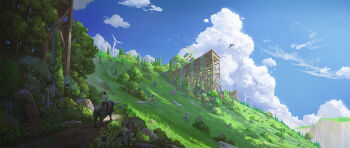 blue_sky building cloud commentary cyclecircle day english_commentary fantasy field flower grass helmet highres landscape motor_vehicle motorcycle motorcycle_helmet mountain nature original outdoors path ramp road rock scenery shadow sky sunlight tree windmill yellow_flower