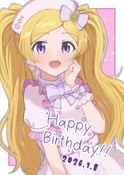 1girl aimu_(eyme3962) blonde_hair blush commentary_request dress emily_stewart happy_birthday highres idolmaster idolmaster_million_live! long_hair long_sleeves looking_at_viewer open_mouth purple_eyes solo twintails upper_body white_dress