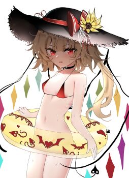 Rule 34 | 1girl, absurdres, bikini, bikini top only, blonde hair, blush, breasts, commentary, crystal wings, flandre scarlet, hat, highres, innertube, long hair, midriff, navel, ougiikun, pointy ears, red bikini, side ponytail, small breasts, solo, straw hat, swim ring, swimsuit, thighs, touhou, vampire, wings