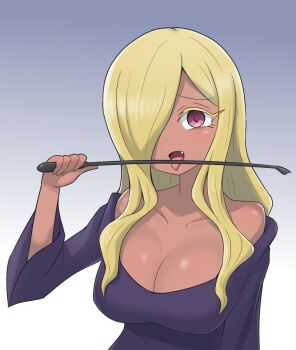 1girl alternate_skin_color black_dress blonde_hair blush breasts cleavage collarbone corruption dark_persona dark_skin dress fang gradient_background grey_background hair_over_one_eye highres holding holding_pointer jashin-chan_dropkick large_breasts long_hair long_sleeves looking_at_viewer off-shoulder_dress off_shoulder open_mouth persephone_(jashin-chan_dropkick) pink_eyes pointer shadow_(modeler3622) smile standing tongue tongue_out upper_body