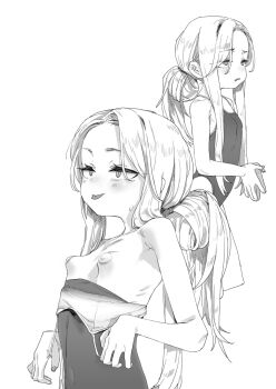 Rule 34 | 1girl, :p, blush, breasts, clothes pull, greyscale, highres, long hair, looking at viewer, looking to the side, monochrome, mukago (mukagomumumu), one-piece swimsuit, one-piece swimsuit pull, original, own hands together, pasties, ponytail, school swimsuit, small breasts, smile, swimsuit, tongue, tongue out