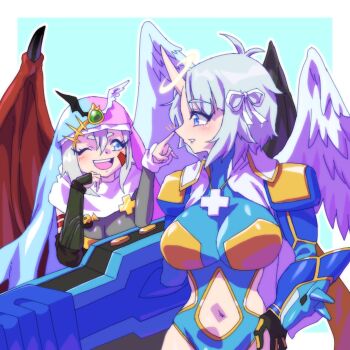 2girls absurdres angel armor azazel_(helltaker) blue_eyes breasts commission cosplay darcmon darcmon_(cosplay) demon digimon digimon_(creature) fallen_angel fusion gerusyu helltaker highres hippogriffomon lahja_svanbaeck_(lotta_svaerd) looking_at_another loremaster_(helltaker) lotta_svaerd:_women_of_war magnaazazelmon magnagarurumon magnagarurumon_(cosplay) multiple_girls murmukusmon murmukusmon_(cosplay) nun one_eye_closed pixiv_commission saintdarcmon silver_hair sistermon sistermon_(copslay) sistermon_blanc sistermon_ciel white_hair wings