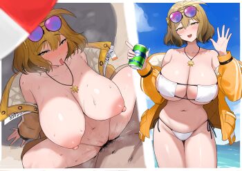 1boy 1girl absurdres anis_(nikke) anis_(sparkling_summer)_(nikke) breasts can clothed_female_nude_male ekkusuren goddess_of_victory:_nikke highres huge_breasts instant_loss jacket missionary nipples nude off_shoulder open_clothes open_jacket penis pubic_hair sex spread_legs textless_version tongue tongue_out