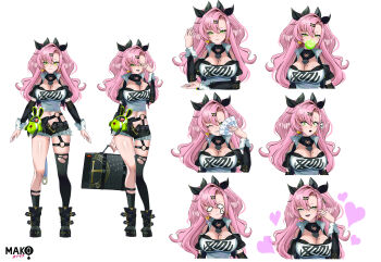 1girl absurdres amillion_(zenless_zone_zero) asymmetrical_legwear bangboo_(zenless_zone_zero) banknote black_boots black_ribbon black_shorts black_thighhighs blank_eyes blowing_bubble_gum boots breasts briefcase chewing_gum cleavage closed_mouth comedic_teardrop commentary commentary_request detached_sleeves english_commentary green_eyes hair_between_eyes hair_ornament hair_ribbon hairclip half-closed_eyes hand_up heart heart-shaped_pupils highres holding holding_briefcase holding_money kurimako large_breasts long_hair looking_at_viewer loving_aura mixed-language_commentary mole mole_on_breast mole_under_eye money multiple_expressions multiple_views nicole_demara one_eye_closed open_mouth parallel_hairclips parted_bangs pink_hair ribbon shirt short_shorts shorts simple_background single_thighhigh smile symbol-shaped_pupils thighhighs torn_clothes torn_thighhighs two_side_up white_background white_shirt zenless_zone_zero