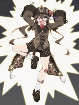 1girl animated animated_gif black_shorts breasts brown_hair chinese_clothes constricted_pupils donelectric_don electrocution epilepsy_warning genshin_impact hat hu_tao_(genshin_impact) long_hair medium_breasts nude open_mouth red_eyes short_shorts shorts skeleton solo teardrop tears twintails very_long_hair x-ray