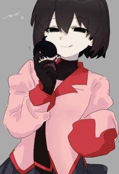 Rule 34 | 1girl, :q, absurdres, araragi koyomi, black eyes, black gloves, black hair, black necktie, black shirt, black skirt, bob cut, breasts, character doll, closed mouth, commentary, covered collarbone, doll, empty eyes, flying sweatdrops, gloves, grey background, hair between eyes, highres, holding, holding doll, juliet sleeves, licking lips, light smile, long sleeves, looking at viewer, monogatari (series), monogatari series puc puc, naoetsu high school uniform, narrowed eyes, necktie, oshino ougi, pale skin, pink shirt, pleated skirt, puffy sleeves, red trim, school uniform, shirt, short hair, simple background, skirt, sleeves past fingers, sleeves past wrists, small breasts, smile, solo, standing, tongue, tongue out, translated, tsugumi (tgm 615486), turtleneck, undershirt, upper body
