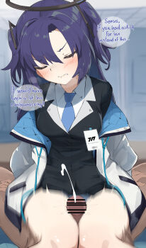1boy 1girl absurdres bar_censor black_halo blue_archive blue_necktie blush breasts censored closed_eyes cum ejaculation english_text hair_ornament halo highres id_card jacket jacket_partially_removed lanyard long_hair mechanical_halo medium_breasts millennium_science_school_logo necktie panties penis projectile_cum purple_hair recklessdraw shirt sitting thigh_sex thighs triangle_hair_ornament two-sided_fabric two-sided_jacket two_side_up underwear white_panties yuuka_(blue_archive)