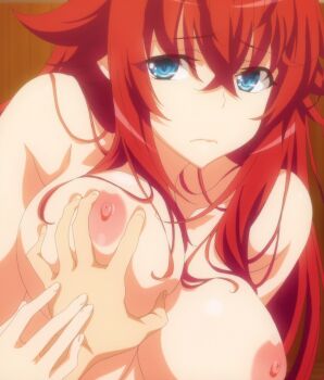 1boy 1girl 2018 anime_screenshot blue_eyes breasts grabbing_another&#039;s_breast groping high_school_dxd high_school_dxd_hero highres hyoudou_issei large_breasts long_hair nipples nude passione_(company) pov red_hair rias_gremory sauna stitched third-party_edit