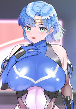 1girl absurdres arion_canvas bishoujo_senshi_sailor_moon blue_hair bodysuit breasts gloves green_eyes highres large_breasts looking_at_viewer magical_girl mizuno_ami sailor_mercury short_hair skin_tight smile solo