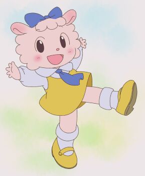 1girl animal animal_ears black_eyes blue_bow blue_necktie blush bow dress furry hair_bow long_sleeves looking_at_viewer makiba_ramurin mary_janes necktie open_mouth pink_fur sheep sheep_day sheep_ears sheep_girl shima_shima_tora_no_shimajirou shirt shoes sleeveless sleeveless_dress smile socks standing standing_on_one_leg white_shirt white_socks yamanokonza yellow_dress yellow_shoes