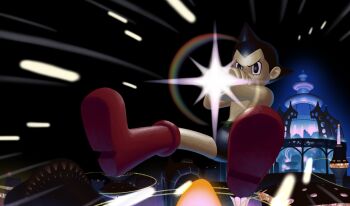 Rule 34 | 1boy, absurdres, aiming, aiming at viewer, android, arm cannon, atom (tetsuwan atom), black hair, black male underwear, boots, building, city, full body, hand on own arm, highres, knee boots, light particles, lower eyelashes only, male focus, male underwear, namnums, night, outdoors, powering up, red boots, science fiction, short hair, solo, tetsuwan atom, topless male, underwear, v-shaped eyebrows, weapon