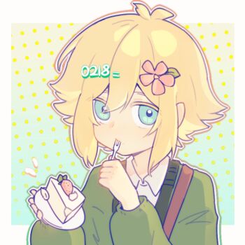 Rule 34 | 1boy, androgynous, antenna hair, aqua background, aqua eyes, bag, basil (birthday) (omori), basil (faraway) (omori), basil (omori), blonde hair, border, brown bag, cake, cake slice, cardigan, chinese commentary, closed mouth, collared shirt, colored eyelashes, commentary request, dated, double-parted bangs, eating, eyes visible through hair, flipped hair, flower, food, food on face, fork, from above, fruit, green cardigan, hair between eyes, hair flower, hair ornament, hands up, holding, holding fork, holding plate, leaf, lelani34868, light frown, long sleeves, looking at viewer, male focus, no headwear, omori, open cardigan, open clothes, orange outline, outline, outside border, pink flower, plate, polka dot, polka dot background, puffy long sleeves, puffy sleeves, shirt, short hair, shoulder bag, sidelocks, simple background, solo, strawberry, strawberry cake, tareme, upper body, whipped cream, white border, white outline, white shirt