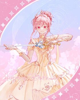 1girl :3 absurdres bare_shoulders blue_sky cherry_blossoms chinese_commentary choker closed_mouth clothing_cutout colored_eyelashes commentary_request cowboy_shot dot_nose dress earrings english_text floral_background flower frilled_arm_warmers frilled_choker frills gold_tiara gradient_sky hair_bun happy happy_birthday highres holding holding_sword holding_weapon infinity_nikki jewelry liangsheng874 light_particles long_dress melody_bloom_(infinity_nikki) nikki_(nikki) nikki_(series) outdoors pink_eyes pink_flower pink_hair pink_sky pleated_dress procreate_(medium) rapier ripples short_hair_with_long_locks short_sleeves shoulder_cutout sidelocks single_hair_bun sky smile solo sparkle standing sunset sword updo weapon yellow_arm_warmers yellow_choker yellow_dress