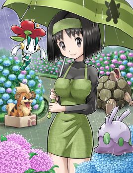 1girl black_hair box breasts cardboard_box cloud cloudy_sky cowboy_shot dress erika_(pokemon) eye_contact fang floating floette floette_(red_flower) flower gen_1_pokemon gen_6_pokemon golem golem_(pokemon) goomy gradient_hair green_dress growlithe gym_leader hairband holding hydrangea in_box in_container leaf light_smile long_sleeves looking_at_another looking_at_viewer medium_breasts multicolored_hair nintendo oddish outline over_shoulder parted_bangs path poke_ball_symbol pokemoa pokemon pokemon_(creature) pokemon_tcg rain road shirt short_dress short_hair sky smile standing striped tongue tongue_out turtleneck umbrella wet