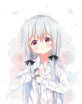 1girl :o blush collared_shirt deyui dress_shirt female_focus floral_background hair_between_eyes hair_ornament long_hair looking_away parted_lips petals red_eyes see-through_clothes shirt sidelocks silver_hair solo sophie_twilight tonari_no_kyuuketsuki-san upper_body very_long_hair wet wet_clothes wet_shirt white_background white_shirt wringing wringing_hair x_hair_ornament