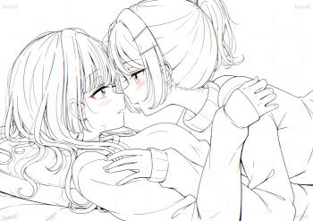2girls betock blush commentary_request ear_blush eye_contact greyscale hand_on_another&#039;s_shoulder highres looking_at_another monochrome multiple_girls original parted_lips ponytail smile sweater yuri