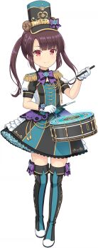 1girl aqua_boots aqua_shirt aqua_skirt band_uniform black_boots black_hat boots bow bowtie breasts brown_hair closed_mouth drum drumsticks epaulettes fold-over_boots frilled_skirt frills full_body game_cg hat hat_bow highres holding holding_drumsticks instrument long_hair looking_at_viewer multicolored_boots non-web_source official_art ongeki puffy_short_sleeves puffy_sleeves purple_bow purple_bowtie shinonome_tsumugi_(ongeki) shirt shoes short_sleeves side_part sidelocks simple_background skirt small_breasts smile solo split_mouth thigh_boots transparent_background v-shaped_eyebrows white_boots