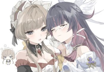 2girls bare_shoulders black_collar black_hair black_ribbon blue_eyes blunt_bangs blush breasts brown_hair chibi chibi_inset cleavage closed_eyes collar columbina_(genshin_impact) detached_collar detached_sleeves dress eye_mask fang genshin_impact gloves hair_intakes hand_on_another's_face hashtag-only_commentary head_wings headdress heekimoni highres long_hair low-tied_sidelocks mask medium_breasts multicolored_hair multiple_girls open_mouth pink_hair portrait ribbon sandrone_(genshin_impact) shirt sidelocks skin_fang smile two-tone_hair white_dress white_gloves white_headdress white_mask white_ribbon white_shirt white_wings wings wispy_bangs yuri