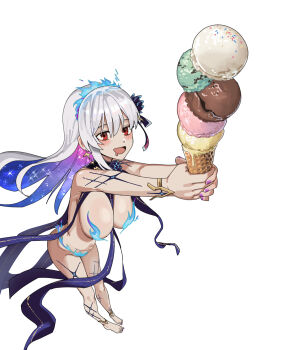 1girl absurdres blue_fire blush body_markings bracelet breasts commentary earrings fate/grand_order fate_(series) fire fire_censor flower food freeman_(tkuh4475) hair_flower hair_ornament hair_ribbon highres holding holding_ice_cream_cone ice_cream ice_cream_cone jewelry kama_(adult)_(fate) kama_(fate) kama_(swimsuit_avenger)_(third_ascension)_(fate) kama_(third_ascension)_(fate) large_breasts long_hair lotus lotus_hair_ornament metal_bracelet multicolored_hair red_eyes revealing_clothes ribbon simple_background solo star_(symbol) star_earrings starry_hair two-tone_hair white_background white_hair