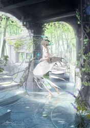 Rule 34 | 1girl, absurdres, artist name, barefoot, chinese commentary, commentary request, dress, earrings, flower, green eyes, hair between eyes, hair ornament, highres, illumi999, jewelry, leaf, looking at viewer, open mouth, original, plant, reflection, ruins, short hair, short sleeves, signature, solo, standing, temple, tree, water, white dress, white hair