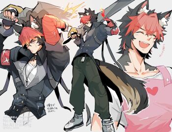 1boy animal_ears arms_up black_gloves black_hair black_jacket blush body_fur cargo_pants closed_eyes closed_mouth commentary_request dog_boy dog_ears dog_tail fang fingerless_gloves fire gloves green_pants hally heart heart_print holding holding_sword holding_weapon jacket komano_manato male_focus multicolored_hair multiple_scars muscular muscular_male open_mouth over_shoulder pants pectorals red_bandage red_eyes red_hair scar scar_across_eye scar_on_face shirt shoes short_hair smock solo sword tail teeth upper_teeth_only weapon weapon_over_shoulder white_background white_shirt white_shoes zenless_zone_zero