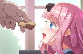Rule 34 | 1girl, 1other, black ribbon, blue eyes, blunt bangs, blush, cookie, food, fujiwara chika, gn2, hair ribbon, happy, highres, indoors, kaguya-sama wa kokurasetai ~tensai-tachi no renai zunousen~, long hair, open mouth, pink hair, profile, ribbon, sidelocks, smile, solo focus, tree, window