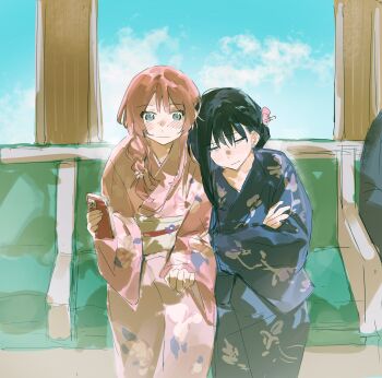 2girls absurdres animal_ears bang_dream! bang_dream!_it&#039;s_mygo!!!!! black_hair blue_kimono blush braid cellphone chihaya_anon closed_mouth commentary_request crossed_arms grey_eyes highres holding holding_phone japanese_clothes kimono long_hair lu_bian_de_yecao_zai_changge mole mole_under_eye multiple_girls phone pink_hair pink_kimono shiina_taki single_braid sleeping sleeping_on_person smartphone train_interior yuri