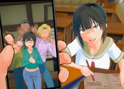 1girl 3d 4boys animated breasts cellphone cellphone_photo commentary dark-skinned_male dark_skin deliriumbear desk fake_phone_screenshot fake_screenshot koikatsu_(medium) large_breasts multiple_boys netorare original phone photo_comparison school_desk school_uniform smartphone tagme ugoira v video