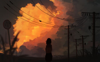 1girl absurdres bad_id bad_pixiv_id cloud cloudy_sky commentary_request from_behind golden_hour highres original outdoors road_sign scenery school_uniform serafuku short_hair sign simple_bird sky solo sunset tochichima utility_pole