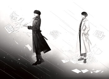 2boys black_coat black_hair black_shirt boots coat commentary_request falling_paper from_side hand_up hands_in_pockets highres kim_dokja male_focus multiple_boys omniscient_reader&#039;s_viewpoint open_clothes open_coat sanjinmogufufu shirt short_hair standing white_coat yoo_joonghyuk