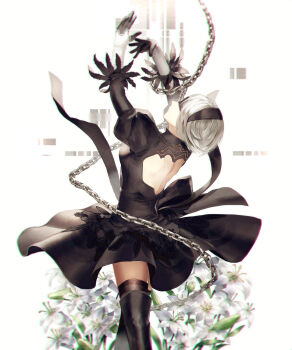 Rule 34 | 1girl, 2b (nier:automata), arms up, back cutout, black boots, black dress, black hairband, blindfold, boots, breasts, chain, closed mouth, clothing cutout, covered eyes, cowboy shot, dress, feather-trimmed sleeves, female focus, flower, from behind, hairband, highres, juliet sleeves, long sleeves, looking up, medium breasts, nier:automata, nier (series), puffy sleeves, silver hair, solo, sunakumo, thigh boots, thighhighs, thighhighs under boots, vambraces
