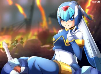 1girl blue_eyes bodysuit crop_top energy_sword female_focus helmet highres fairy_leviathan_(mega_man) looking_at_viewer mega_man_(series) mega_man_zero_(series) pantheon robarts_hallway silhouette skin_tight sword tagme v weapon white_bodysuit zero_(mega_man)