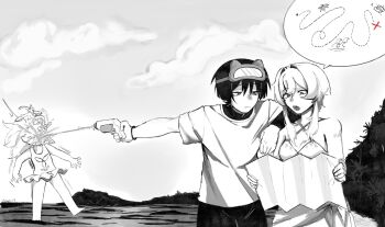 1boy 2girls alternate_costume arm_on_another's_shoulder arms_at_sides bare_shoulders barefoot bikini bikini_skirt blunt_ends breasts casual cleavage closed_mouth cloud cloudy_sky commentary contemporary criss-cross_halter dress_swimsuit english_commentary firing genshin_impact goggles goggles_on_head greyscale hair_intakes halo halterneck headshot highres holding holding_map looking_at_object lumine_(genshin_impact) lumine_(hot_springs)_(genshin_impact) map mechanical_halo monochrome multiple_girls official_alternate_costume one-piece_swimsuit open_hands open_mouth outstretched_arm paimon_(genshin_impact) scaramouche_(genshin_impact) short_hair short_hair_with_long_locks short_sleeves shorts side-tie_bikini_bottom sidelocks sky small_breasts speech_bubble swimsuit teeth tree tsurime undershirt water_gun wispy_bangs zac-n