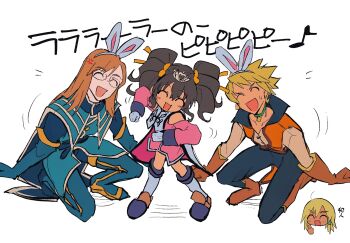 Rule 34 | 1girl, 3boys, animal ears, anise tatlin, bare shoulders, black hair, black pants, blonde hair, blue boots, blue gloves, blue jacket, boots, brown boots, brown gloves, brown hair, choker, closed eyes, commentary request, dancing, dress, facing viewer, glasses, gloves, green choker, grgrton, guy cecil, hair ribbon, highres, jacket, jade curtiss, long hair, long sleeves, motion lines, multiple boys, musical note, on one knee, open mouth, orange vest, pants, peony ix, pink dress, rabbit ears, ribbon, short hair, sweatdrop, tabard, tales of (series), tales of the abyss, thigh boots, thighhighs, tiara, translation request, twintails, vest, white gloves, white tabard, white thighhighs, yellow ribbon