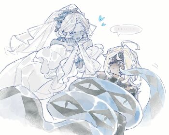 1boy 1girl blonde_hair blue_skin blush colored_skin cookie_run dress highres lamia monster_girl moomsaw pointy_ears prehensile_tail pure_vanilla_cookie pure_vanilla_cookie_(truthless_recluse) shadow_milk_cookie shadow_milk_cookie_(female) snake_girl tail wedding_dress white_hair