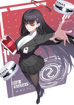 1girl absurdres black_hair black_halo black_pantyhose black_shoes blue_archive breasts bright_pupils english_text error_message full_body hair_ornament hairclip halo highres holding holding_tablet_pc kurosaki_saya large_breasts long_hair looking_at_viewer millennium_science_school_logo mixed-language_commentary multicolored_halo outstretched_arm pantyhose red_eyes ringed_eyes rio_(blue_archive) shoes solo sweater tablet_pc turtleneck turtleneck_sweater two-tone_halo very_long_hair white_pupils white_sweater