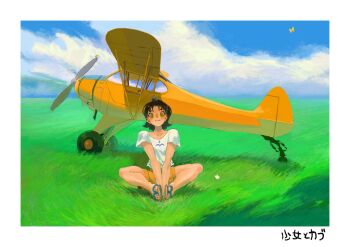 1girl :3 aircraft airplane between_legs border brown_hair bug butterfly butterfly_sitting cloud cloudy_sky collarbone curtained_hair full_body hand_between_legs highres horizon insect on_grass original sandals shadow shirt short_shorts shorts sitting sky torikeyu v_arms white_border white_shirt wolf_cut yellow_butterfly yellow_eyes yellow_shorts