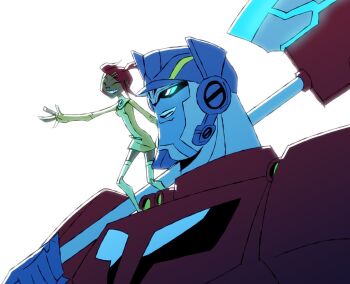 1girl ^_^ breasts closed_eyes dark-skinned_female dark_skin dress eronposts fingerless_gloves gloves hair_behind_ear mecha open_mouth optimus_prime over_shoulder parted_lips portrait red_hair robot sari_sumdac short_hair simple_background small_breasts smile thighhighs transformers transformers_animated twintails weapon weapon_over_shoulder white_background yellow_dress yellow_gloves yellow_thighhighs