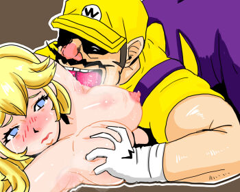 1boy 1girl blonde_hair blue_eyes blush breasts clothed_male_nude_female crying crying_with_eyes_open defeat empty_eyes facial_hair fat fat_man gloves groping_breast hat hetero large_breasts licking licking_armpit mario_(series) molestation mustache nintendo nipples nude overalls princess princess_peach sad sex shiny_skin tears ugly_bastard wario white_gloves yellow_hat